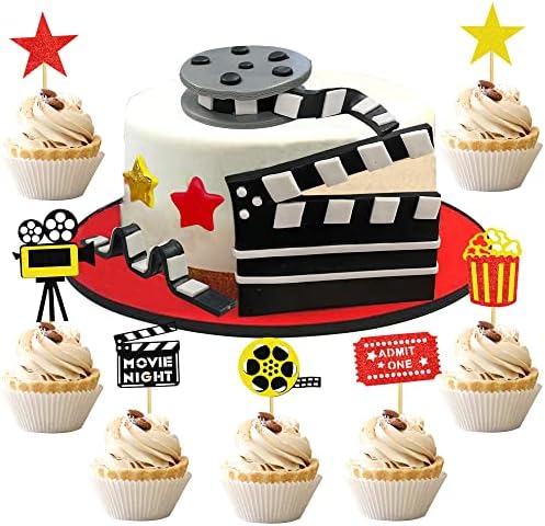 12 PCS Cake Topper Glitter Cupcake Toppers Picks Movie Night Birthday Party Decoration for Movie Theme Birthday Party Baby Shower Supplies