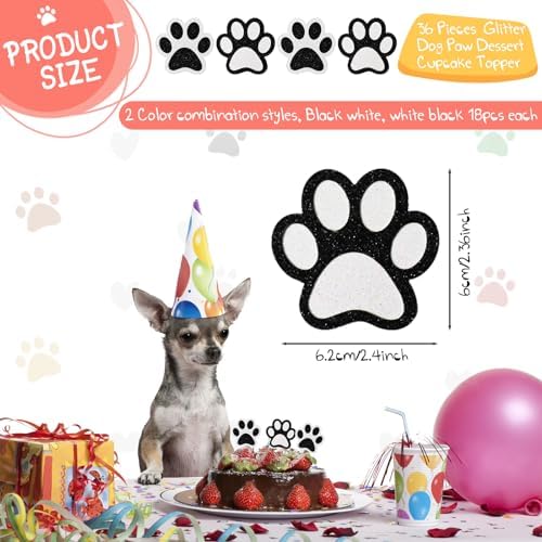 36 Pcs Paw Cupcake Toppers Glitter Dog Paw Cake Decorations Black White Glitter Puppy Cupcake Toppers for Baby Shower Boys Girls Birthday Party Cake Supplies (2 Styles)