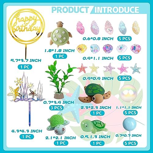 34pcs Turtle Cake Topper Under the Sea Cake Decoration with Ocean Turtle Starfish Conch and Seashells for Sea Theme Birthday Party Baby Shower Supplies