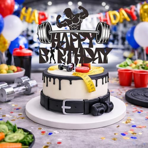 Gym Fitness Happy Birthday Cake Topper Black Glitter Cake Decorations Bodybuilding Gym Weightlifting Barbell Sports Boys Man Fitness Lover Themed Birthday Party Supplies