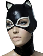 Black Latex Hood with White Cat Ears Back Zipper Open Eyes Mouth Rubber Mask Cosplay Club Wear Costume