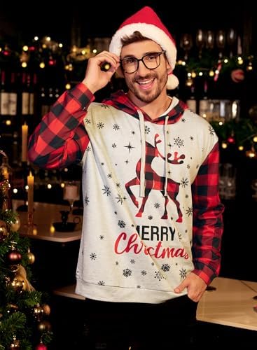 Arvilhill Men's Ugly Christmas Hoodies Vintage Red Plaid Sweatshirt (S-3XL)