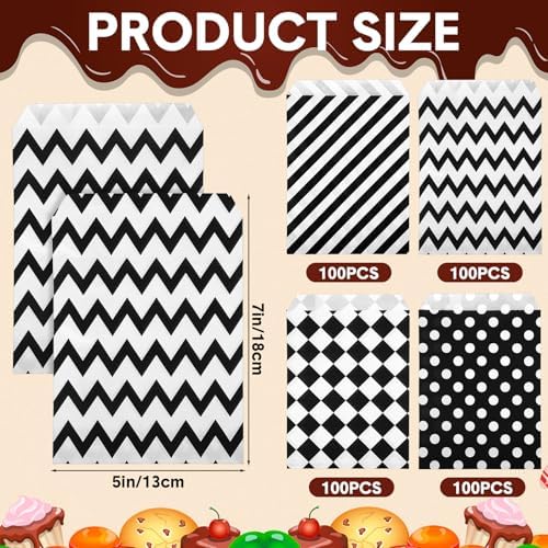 Sweetude 400 Pcs Paper Cookie Bag Bulk 5 x 7 Inch Polka Dot Wave Snack Packaging Small Paper Packaging Flat Small Candy Buffet Bag for Wedding Baby Shower Party Supply Shop(Black)