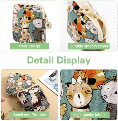 cobee 2PCS Sanitary Pad Storage Bag, Cute Sanitary Napkin Storage Purses Portable Period Bag with Daisy Zipper Panty Liner Tampon Menstrual Cup Nursing Pad Holder Pouch for Girls Women Travel(Cat)