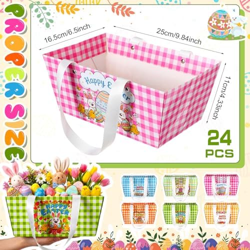 Glenmal 24 Pcs Easter Gift Basket Easter Paper Treat Boxes with Handles Cute Bunny Egg Candy Cookies Boxes Waterproof Reusable Gift Bags for Holiday Party Favors Supplies Decoration(Classic)