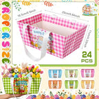 Glenmal 24 Pcs Easter Gift Basket Easter Paper Treat Boxes with Handles Cute Bunny Egg Candy Cookies Boxes Waterproof Reusable Gift Bags for Holiday Party Favors Supplies Decoration(Classic)