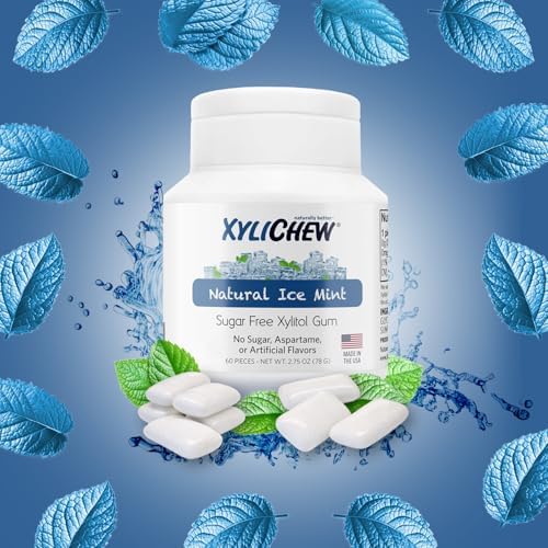 Xylichew 100% Xylitol Chewing Gum Jars - Non GMO, Gluten, Aspartame, and Sugar Free Gum - Natural Oral Care, Relieves Bad Breath and Dry Mouth - Ice Mint (60 Count, Pack of 4)