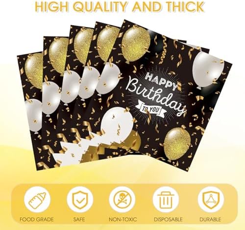 50Pcs Happy Birthday Napkins Black and Gold Napkins with Glitter Balloon Design 6.5 x 6.5 Inches Disposable Paper Napkins for Baby Shower Anniversary Birthday Party Supplies