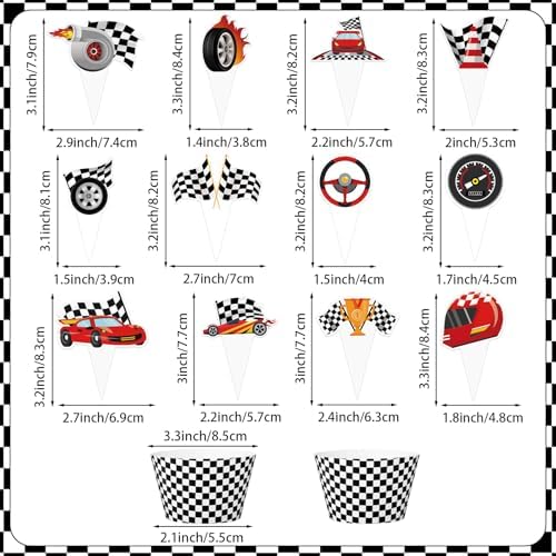 48 Pack Race Car Cupcake Toppers and Wrappers, Race Car Party Cake Decoration for Racing Checkered Theme Birthday Party Baby Shower Supplies