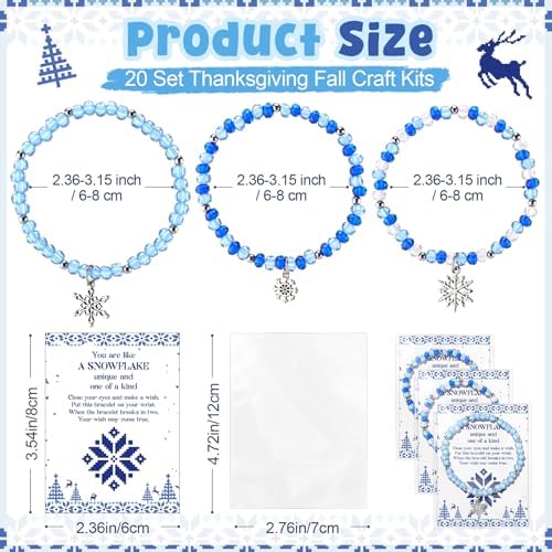 Quelay 20 Set Snowflake Party Favor Winter Filled Beaded Bracelet With Snowflake Charm Card Bag Christmas Ice Snow Jewelry Gift for Guest Xmas Holiday Birthday Party Supply Prize Goodie Bag Decor