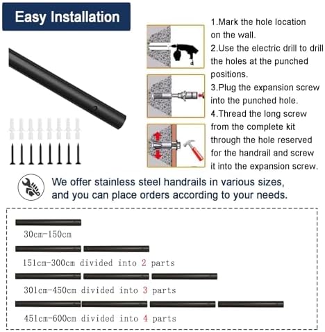 30-600cm Stair Handrail, Wall Mounted Hand Rails for Stairs Or Steps, Stainless Steel Staircase Handrails Anti-Slip Banister Rails, Industrial Outdoor Indoor Stairway Grab Bar Railing Stair Banister (