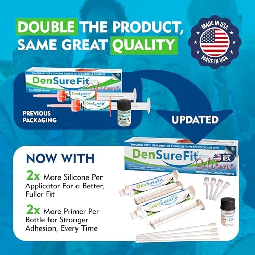 DenSureFit Denture Reline Kit for Upper Denture, 3-6 Month Soft Silicone Dentures Repair Set to Refit and Tighten, Easy to Use Reline Set with Larger Primer and Applicators for Comfortable Fit