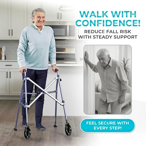 Stander Space Saver Walker, Lightweight Folding Rolling Mobility Aid for Seniors & Adults, Compact 2-Wheel Disability Device with 6-inch Wheels & Ski Glides for Walking Support, Cobalt Blue