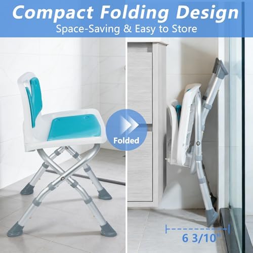 Small Folding Shower Chair with Foldable Back, Portable Bath Stools for Seniors with Removable Pad, Adjustable Height, Supports 280 lbs