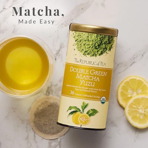The Republic of Tea Organic Double Green Matcha Yuzu, Individual Tea Bags with Japanese Matcha Tea Powder and Green Tea Leaves Blend, Natural Unbleached Bags in Reusable Canister, 36 Tea Bags