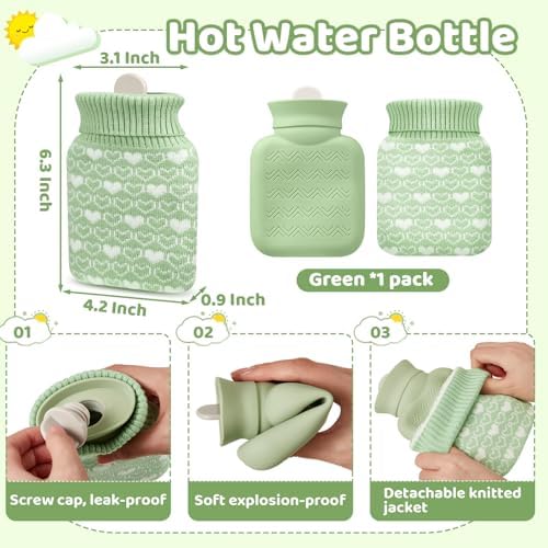 Amylove Mini Hot Water Bottle with Knitted Cover 320ml, Mother's Gift Water Bag for Women, Microwave Heating Bottle for Pain Relief Menstrual Cramps Travel(Green)