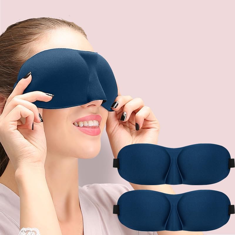 Sleep Mask for Back and Side Sleepers 2 Pack, 3D Light Blocking Eye Mask for Sleeping, Zero Pressure Eye Cover for Women and Men, Lightweight Breathable Night Blindfold Navy Blue