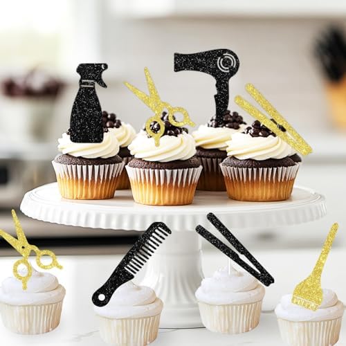 36PCS Hairdresser Cupcake Toppers, Black & Golden Glitter Barbershop Cupcake Picks, Cake Decorations for Haircut Salon/Bridal Shower/Birthday/Retirement Party, Hairstylist Party Decorations