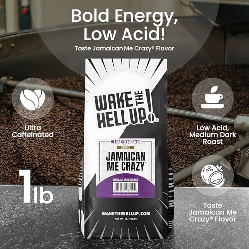 Wake The Hell Up! 1lb Ultra-Caffeinated Jamaican Me Crazy® Ground Coffee, Low Acid, Medium-Dark Roast
