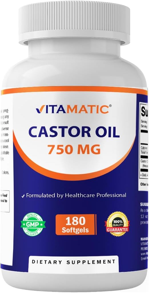 Vitamatic Castor Oil Softgels 750 mg | Cold Pressed | 180 Softgels | Easy-to-Swallow