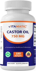 Vitamatic Castor Oil Softgels 750 mg | Cold Pressed | 180 Softgels | Easy-to-Swallow