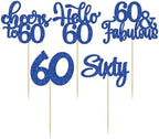 30pcs Happy 60th Birthday Cupcake Toppers - Deep Blue Glitter Sixty Cake Toppers - Cheers to 60 Years Old Cupcake Picks for Anniversary Party Cake Decorations