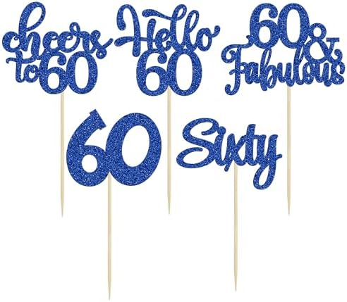 30pcs Happy 60th Birthday Cupcake Toppers - Deep Blue Glitter Sixty Cake Toppers - Cheers to 60 Years Old Cupcake Picks for Anniversary Party Cake Decorations