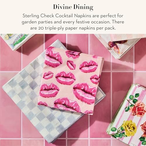 MACKENZIE-CHILDS Cocktail Paper Napkins, Stylish Paper Cocktail Napkins for Parties and More, Gray-and-White Sterling Check