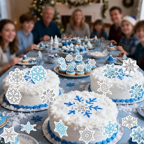 48PCS Edible Snowflake Cupcake Toppers Wafer Paper Snowflake Cupcake Toppers Edible Winter Snows Picks for Frozen Theme Party Decoration Supplies (Crystal Blue Silver)