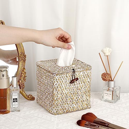 Sumnacon Tissue Box Cover Square Seagrass Tissue Box with Lid, Woven Tissue Box Holder Rustic Cube Tissue Cover for Bathroom Toilet Bedroom Living Room Kitchen Table Desk Office Car, Whitewash