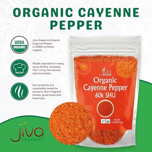 Jiva Organics Cayenne Pepper Powder Ground Chilli Pepper 5 LB Bulk Bag 60K SHU - Culinary, Hot, Non-GMO, All Natural Red Pepper Spice Powder
