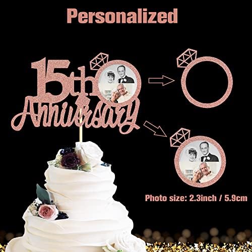 Sumerk 15th Anniversary Cake Topper,13PCS Rose Gold Glitter Cake Toppers Cake Decorations Set for 15th Wedding Anniversary Celebration Party
