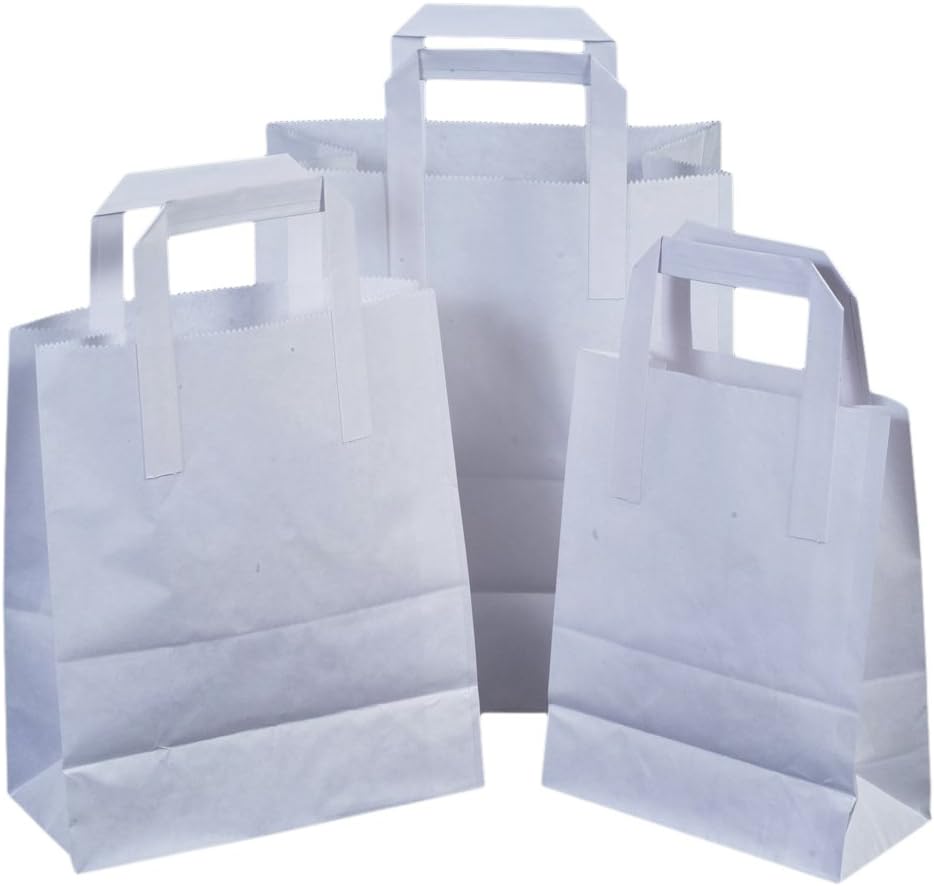The Paper Bag Company 18 x 23 x 9 cm Paper Carrier Bags with Flat Handles, Pack of 25, White