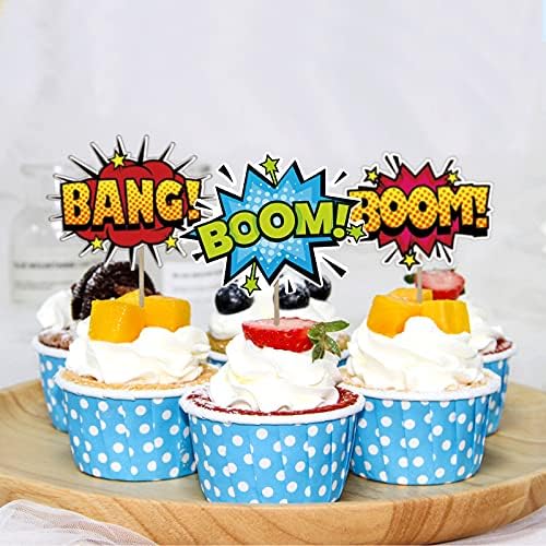 SuperHero Boom Cupcake Toppers 48 Pack Happy Birthday Cake Decor for kids Hero Theme Birthday Party Supplies Celebrating Party Events Baby Shower