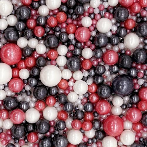 Edible Red & Black & White Sugar Pearls Sprinkles Candy Mix Size Pearls Cake Decorations Cupcake Toppers Decorating Perfect for Wedding Party Valentine Christmas Supplies 4.58OZ