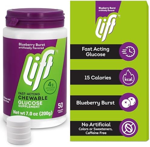 Lift Glucose Fast-Acting Glucose Chewable Energy Tablets, Blueberry, 50 ct Jar (Pack of 1)