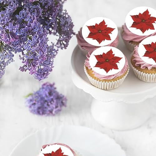 30Pcs Edible Fake Poinsettia Flowers Christmas Cupcake Toppers Wafer Paper Christmas Themed party Decorations Picks for Christmas Birthday Party Cake Decorations