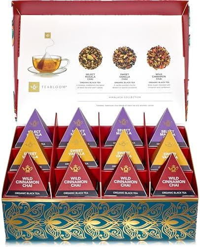 Teabloom Himalaya Chai Gift Set – Organic Chai Tea Sampler with 12 Plant-Based Pyramid Sachets, Elegant Presentation Box for Tea Lovers