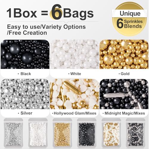 HUEBEATY® 6-in-1 Edible Cake Pearl Sprinkles – Black Gold Silver White Sprinkles for Cake Decorating, Cupcakes, Cookies & Ice Cream | 6.36oz/180g | Wedding, Birthday, Graduation, New Year, Valentines Decorations