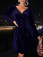 Sexyasasii Womens Wrap V Neck Long Sleeve Velvet Glitter A Line Cocktail Party Swing Fit and Flare Skater Mini Dress