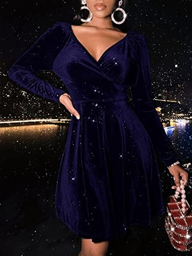 Sexyasasii Womens Wrap V Neck Long Sleeve Velvet Glitter A Line Cocktail Party Swing Fit and Flare Skater Mini Dress
