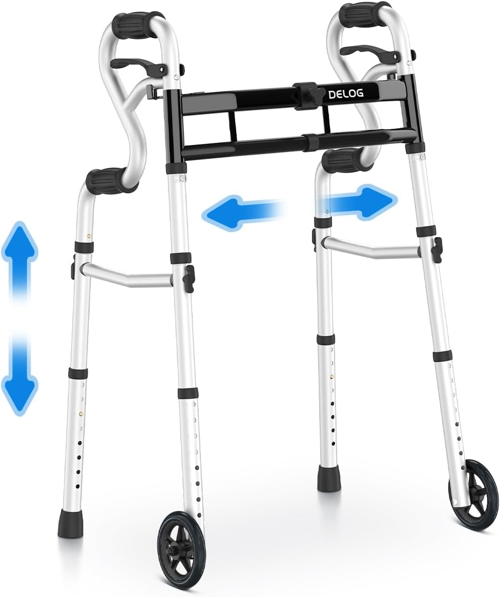 Delog Narrow Folding Walker for Seniors, 3 in 1 Folding Walker with 5” Front Wheels Width Adjustable Compact Standard Walker Support Up to 350lbs (Black)
