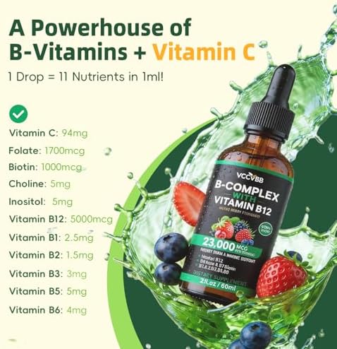 Vitamin B Complex Drops, Active B12 Methylcobalamin 5000mcg, B6, B1, B2, B5, B7, B3, Folate with Vitamin C, B12 Sublingual Liquid Fast Absorption | Boost Energy, Focus & Immunity, Vegan | 60 Servings