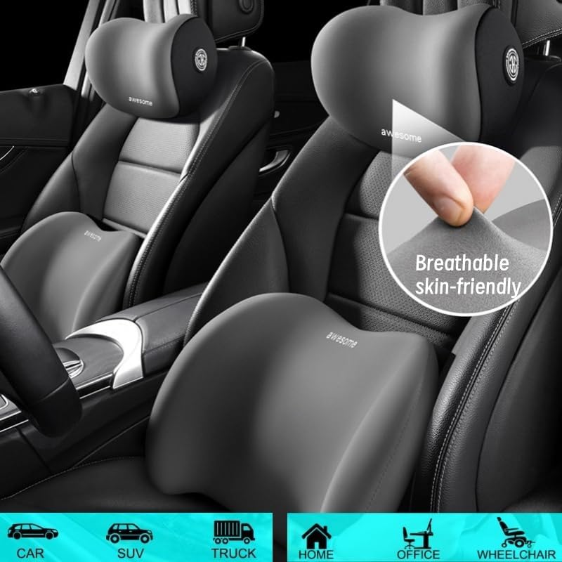 Car Headrest & Lumbar Support Cushion Kit, Ergonomic Car Seat Neck Pillow and Backseat Cushion for Driving Fatigue Relief, Driving Seat Memory Foam Neck Back Rest Pillows (Grey)