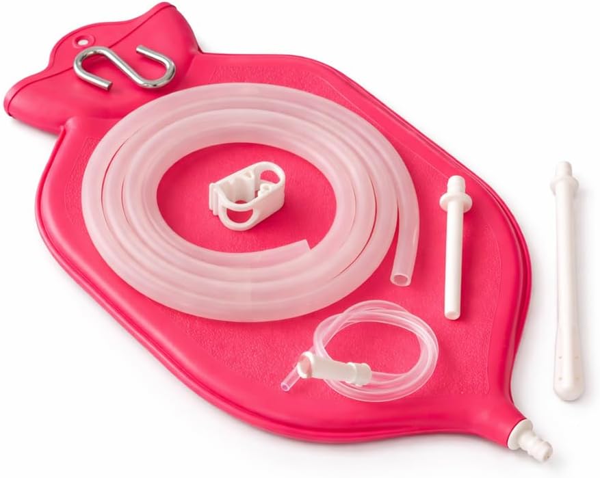 HealthAndYoga™ NaturoFlo Enema Bag Kit - Open Fountain top (2 Quart) - Silicone Tubing and Strong Metal Suspension - Pink