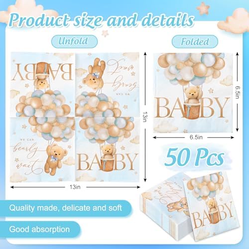 Baby Shower Paper Napkins 50Pcs Double-Printed Bear Disposable Luncheon Napkins Cute Decorative Dinner Napkin for Home Party Table Decor