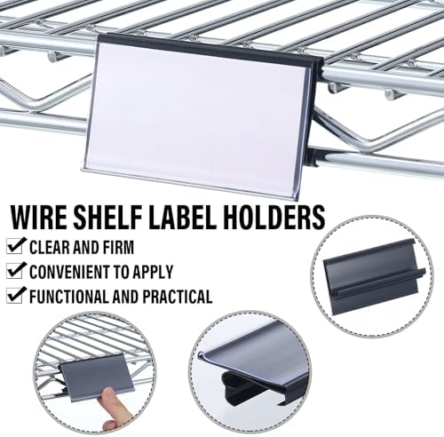 Kathfly 100 Pcs Wire Shelf Label Holders Compatible with Metro 1-1/4in Shelves, Plastic Wire Rack Label Holder 3 l x 1.25 H Price Tag Shelf Clips On, Black