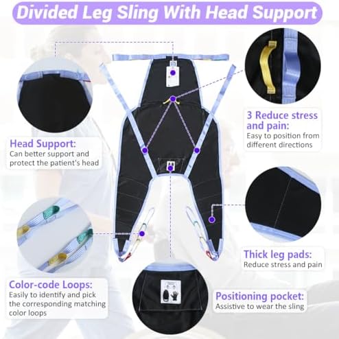 Universal Divided Leg Sling with Head Support – Padded Patient Lift Sling for Transfer, Lifting & Positioning, U-Shaped Split Leg Sling for Elderly, Disabled & Bedridden, 500 lbs Capacity