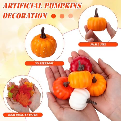 Thyle 150 Pcs 2 Inch Thanksgiving Mini Pumpkins Bulk 50 Small Fall Artificial Foam Pumpkins with 100 Confetti Maple Leaves Harvest Baby Shower Decorative for Thanksgiving Centerpiece(Orange)
