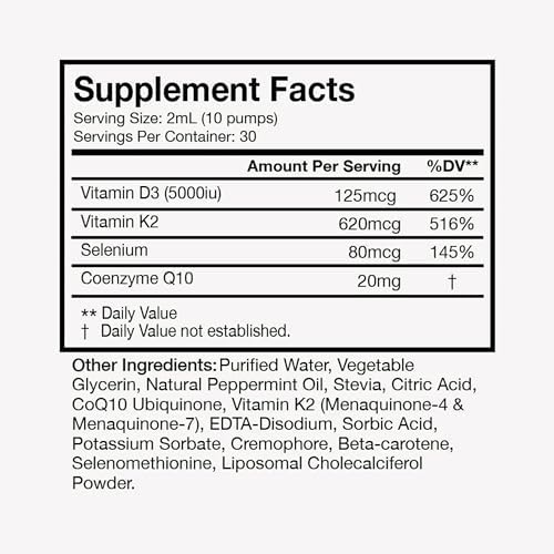 Terra Health Essentials Liposomal Vitamin D3 + K2 with CoQ10 & Selenium - High Absorption Liquid Supplement for Bone & Heart Wellness, Calcium Support, Immune & Mood Balance - 2oz, 30-Day Supply